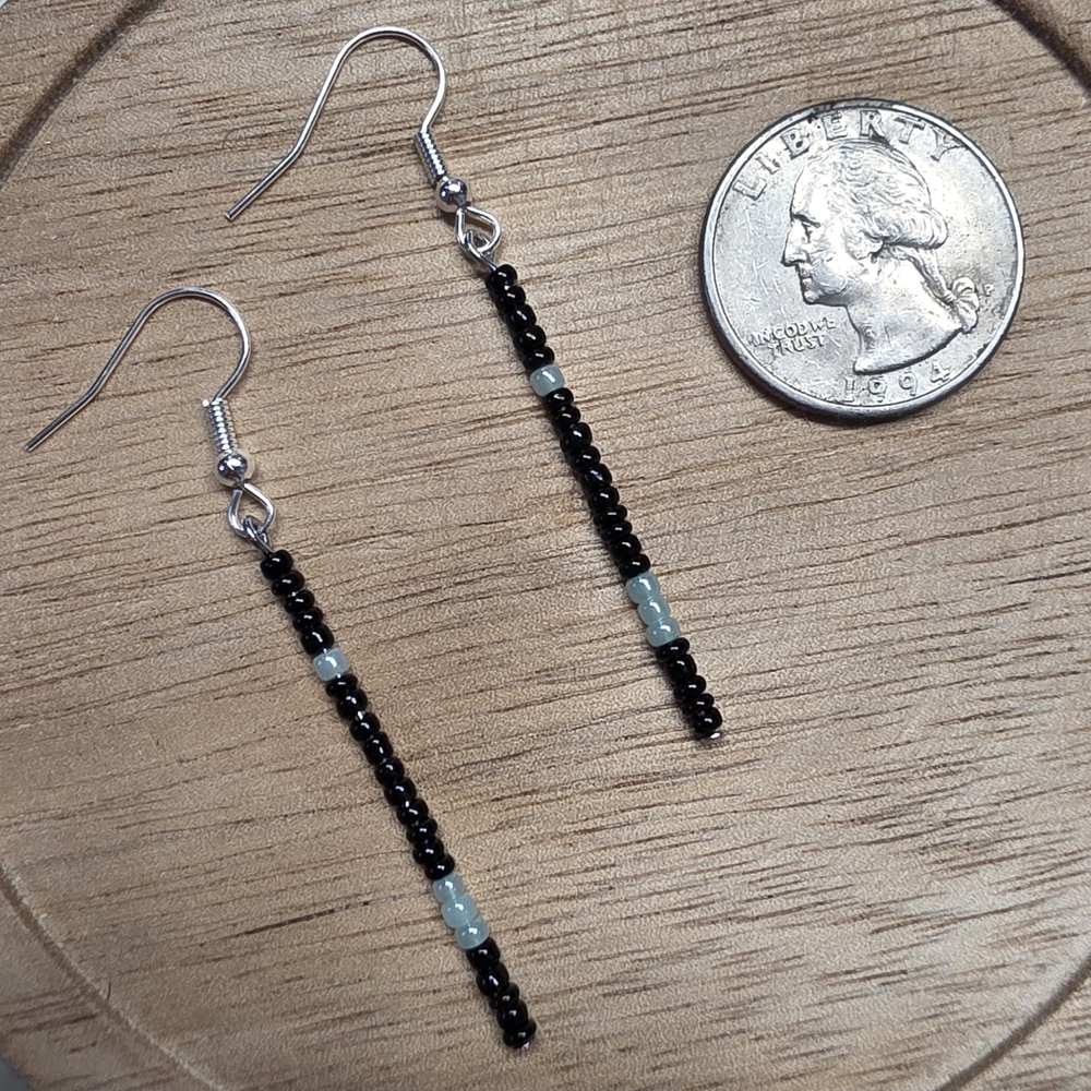 Beaded Black and Light Green Dangle Earrings On Silver Hooks, Handmade